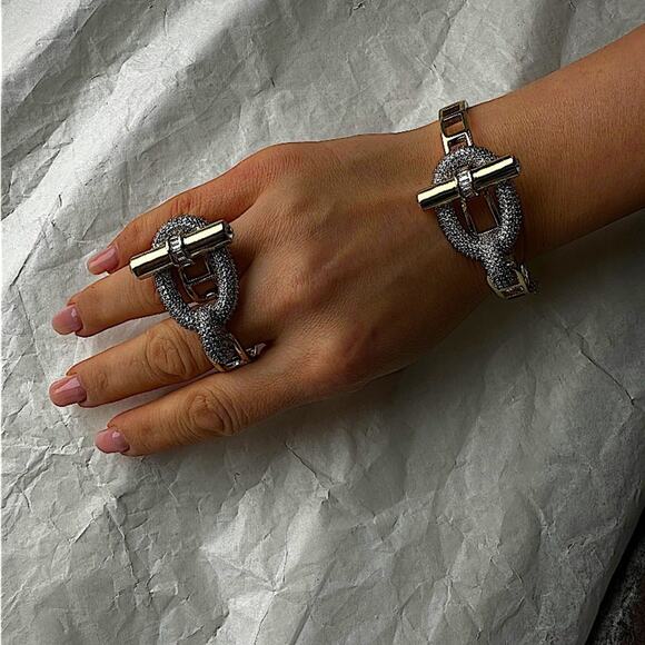 Gold Zircon Bangle Bracelet Two Finger Ring Set Luxury 18K Gold Plated - Picture 13 of 15